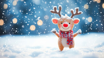 Fototapeta premium Playful animated reindeer with a scarf, frolicking through the snow, surrounded by floating snowflakes, creating a cheerful and festive atmosphere
