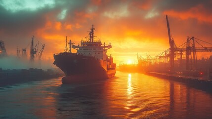 Fototapeta premium A large cargo ship sails through a harbor at sunrise, illuminated by the orange glow of the sun.