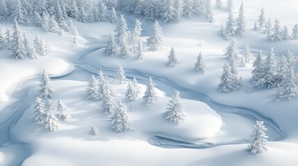 Fototapeta premium The vast winter landscape reveals a tranquil scene of snow-coated trees and a gently winding stream, creating a peaceful, picturesque environment under a pale blue sky