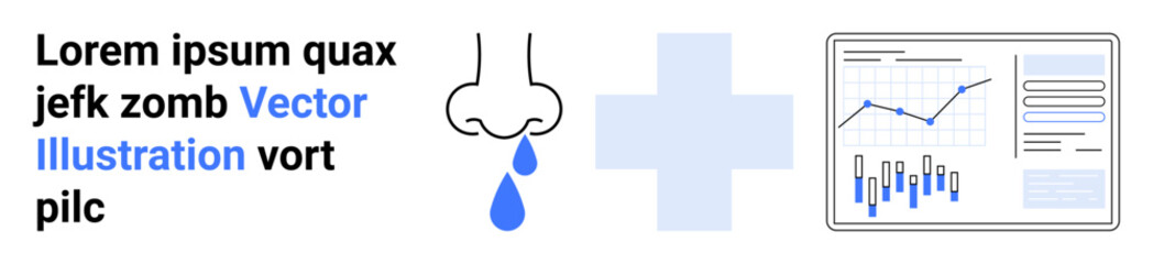 Runny nose icon with drips, blue medical cross, placeholder text block, and a chart on a monitor. Ideal for presentations, health summaries, statistics, medical dashboards, data analysis