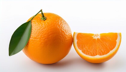fresh orange fruit with slices and leaf on white background