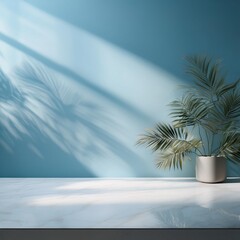 minimalistic light background with blurred foliage shadow on a light blue wall beautiful background for presentation with with marble floor