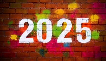 year 2025 graffiti painted on brick wall