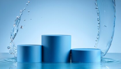 blue podiums with different heights on a minimalist water splash scenario for fresh feeling product presentation