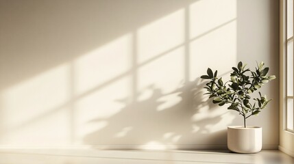 A Minimalist Interior with a Plant Casting Shadows on a White Wall