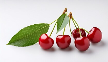 sweet cherry with leaves on white background