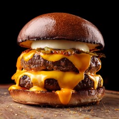 a large burger is topped with melted cheddar cheese