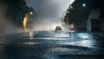 wet asphalt dark street smog smoke
