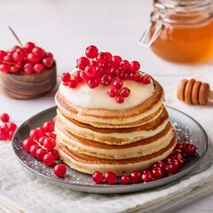 stack of pancakes with raspberry red currant cream and honey on white table cloth