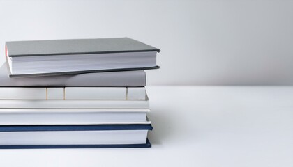 stack of new books and diaries in a white minimal background