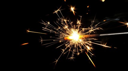 A close-up of a sparkler emitting bright sparks against a dark background.