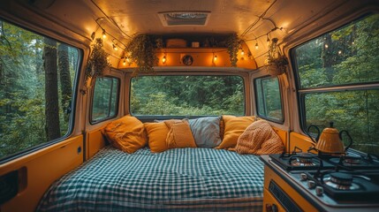 The inviting interior of a yellow camper features soft cushions and a plaid blanket, illuminated by warm lights, surrounded by lush trees at dusk.
