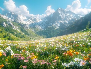 Fototapeta premium A breathtaking view of a vibrant meadow filled with colorful wildflowers, nestled among majestic snow-capped mountains under a clear blue sky.