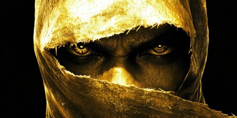 Intense Hooded Figure with Piercing Eyes, Mysterious Atmosphere, and Dramatic Lighting Capturing Suspense and Enigma for Unique Art or Fantasy Themes