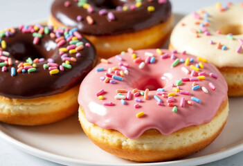 Assorted Donuts with Colorful Sprinkles on a Plate