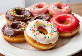 Assorted Donuts with Colorful Sprinkles on a Plate