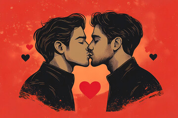 illustration of two men kissing each other on the lips, Happy Valentines DAY.