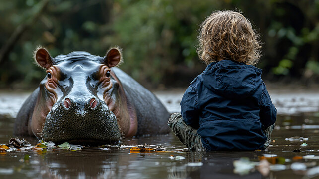 A young child on a safari tour observing a hippopotamus in its natural habitat, with the wilderness of the African jungle serving as a dramatic and educational backdrop