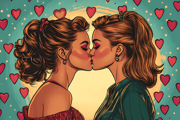  illustration of two women kissing each other on the lips, Happy Valentines DAY.