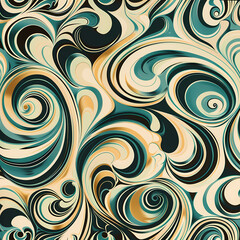 A captivating abstract pattern swirling in rich turquoise, cream, and gold tones, creating a dynamic and fluid visual experience.