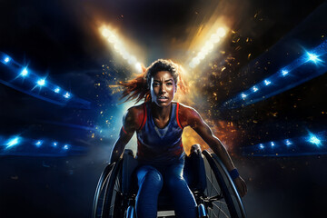 A woman with disability driving a wheelchair on a track while preparing for the Paralympic Games