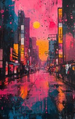 Obraz premium Collage Art of Tokyo Street with Pink and Yellow Accents, Urban Cityscape on Black Background
