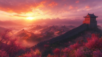 The Great Wall of China at sunrise with pink blossoms and mist.