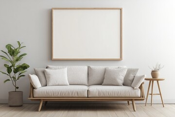Minimalist Interior Design with Empty Wooden Frame, Sofa, and Earthy Decor