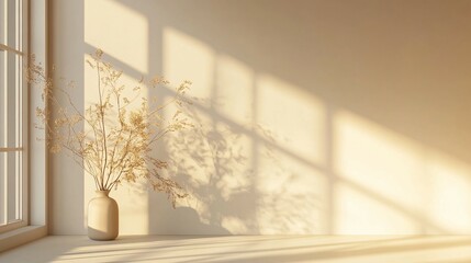 A Simple Vase with Dried Branches and Sunlight Casts Shadows on a Light Beige Wall