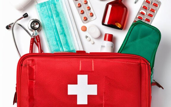 articulos kit primeros auxilios medicos y camping aislado sobre fondo blanco, vista superior