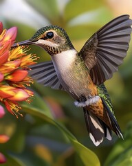 Fototapeta premium A vibrant hummingbird with iridescent green and bronze feathers hovers gracefully near a blooming orange flower, showcasing nature's beauty and intricate details in their habitat.