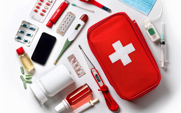 articulos kit de primeros auxilios de medicina camping y viajes ,aislado sobre fondo blanco, vista superior