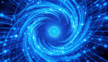 swirling vortex of blue light creates mesmerizing, dynamic pattern, evoking sense of motion and energy. abstract design is filled with glowing particles and lines, suggesting cosmic or futuristic