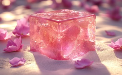 Rose petals adorn a crystal-clear cube filled with water as soft morning light shines upon them