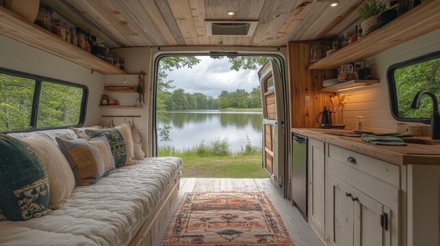 The interior of a camper van features a comfortable sofa and kitchenette, all while providing a stunning view of a serene lake surrounded by greenery on a cloudy afternoon.
