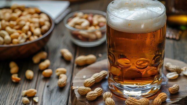 Beer and peanuts: Beer with a bowl of peanuts - Powered by Adobe