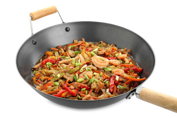 Stir-fry sea food in wok isolated on white