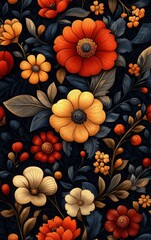 Fototapeta premium Intricate Paisley Pattern in Dark Blue and Orange with Floral Details, Detailed Vector Art