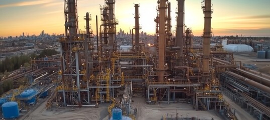 Fototapeta premium Industrial Oil Refinery and Gas Processing Plant with Complex Sunset Pipeline Network