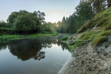 A calm river with a tree on the bank