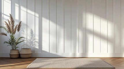 Modern Farmhouse Living Room Interior with White Paneling Wall and Parquet Flooring
