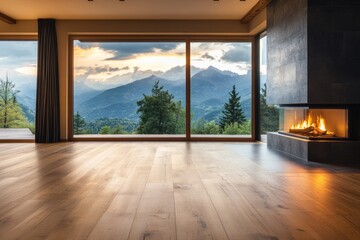 Fototapeta premium Modern Lounge Area with Stylish Fireplace and Panoramic Window View