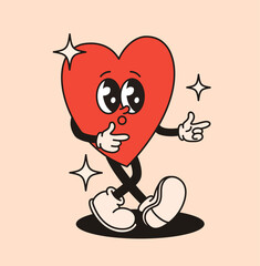 Groovy character red heart. Flat vector illustration.
