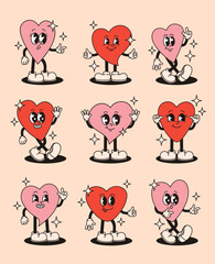 Set of groovy hearts characters. Image for Valentine's Day. Flat vector illustration.
