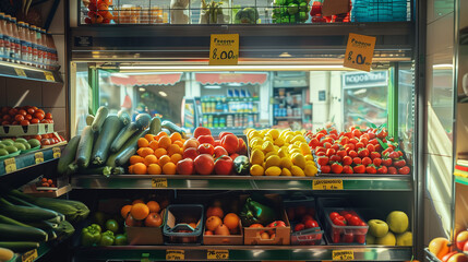 Obraz premium Estante de supermercado con frutas y verduras frescas