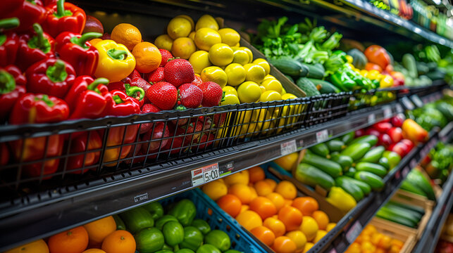 Estante de supermercado con frutas y verduras frescas