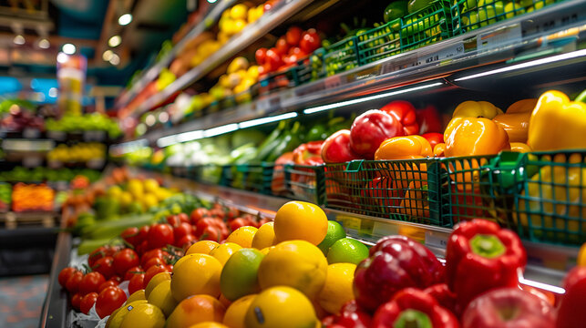 Estante de supermercado con frutas y verduras frescas