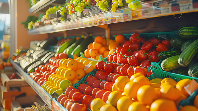 Estante de supermercado con frutas y verduras frescas