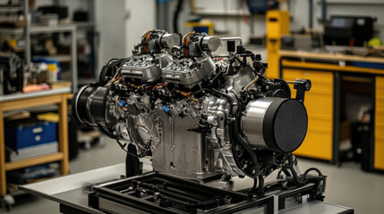 Fototapeta premium Innovative Automotive Engine on Display in Modern Workshop Setting