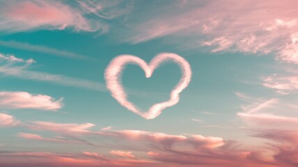 Airplane contrail forming heart shape in bright blue sky with clouds